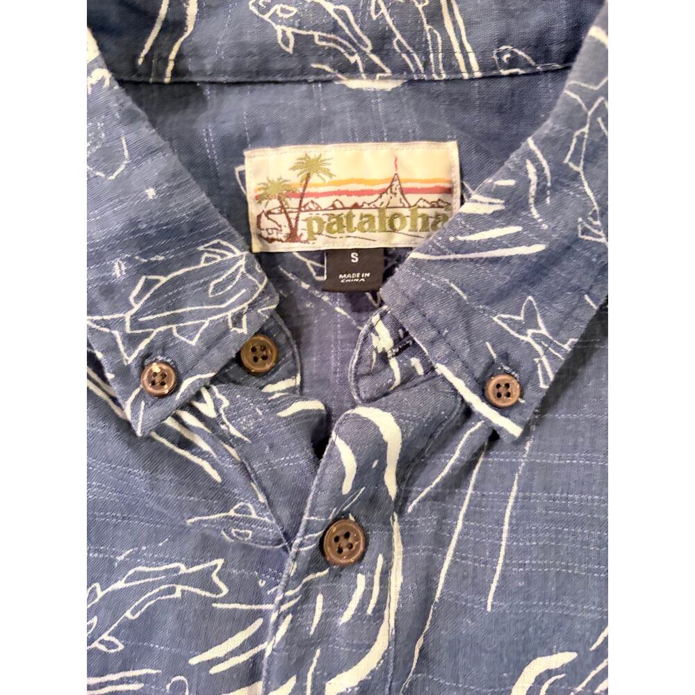 Patagonia Hemp Shirt Small Blue Ocean Fish Turtle Shark Print Button Up - Picture 2 of 7